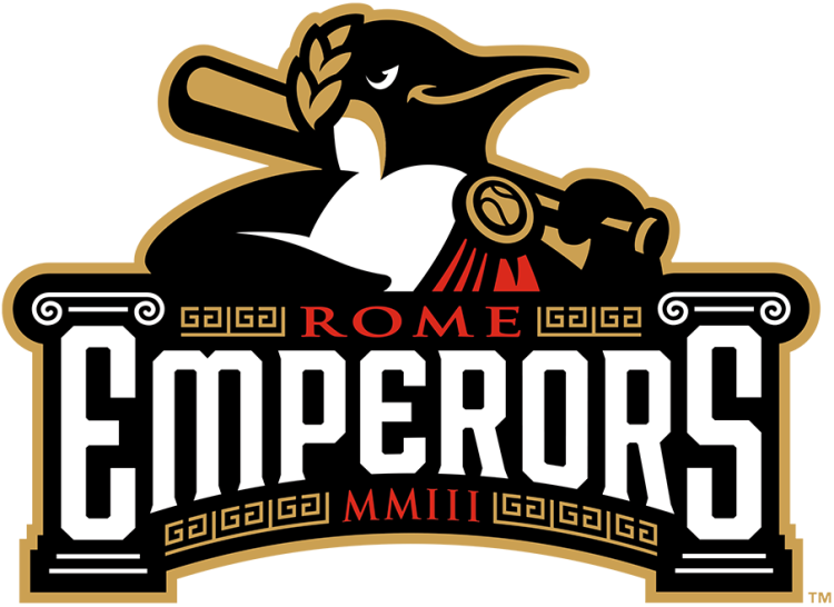 Rome Emperors Logo Primary Logo (2024-Pres) - The Rome Emperors logo features an emperor penguin wearing a gold laurel leaf crown and a red toga while holding a gold baseball bat. Across the front is the team's name in red and white with the 