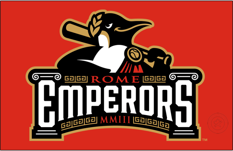 Rome Emperors Logo Primary Dark Logo (2024-Pres) - The Rome Emperors logo features an emperor penguin wearing a gold laurel leaf crown and a red toga while holding a gold baseball bat. Across the front is the team's name in red and white with the 