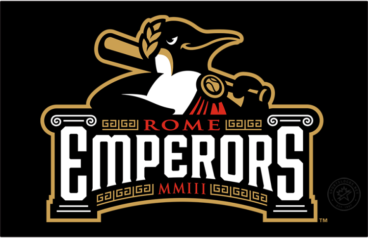 Rome Emperors Logo Primary Dark Logo (2024-Pres) - The Rome Emperors logo features an emperor penguin wearing a gold laurel leaf crown and a red toga while holding a gold baseball bat. Across the front is the team's name in red and white with the 