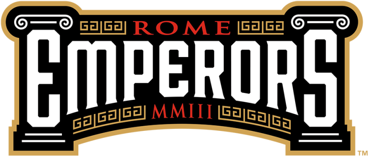 Rome Emperors Logo Wordmark Logo (2024-Pres) - The Rome Emperors wordmark logo features the team's name in red and white, placed in between two ancient Roman-style columns. The team's establishment year of 2003 is added to the bottom in the Roman numerals  MMIII SportsLogos.Net