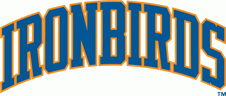 Aberdeen IronBirds Wordmark Logo (2010-2012) - Ironbirds in blue block script with an orange outline SportsLogos.Net