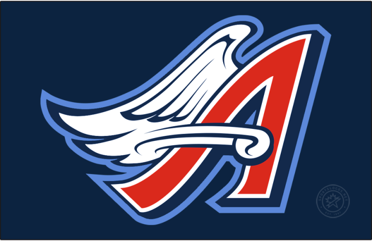 Anaheim Angels Logo Cap Logo (1997-2001) - Red A with navy blue shadow and a white wing on blue SportsLogos.Net