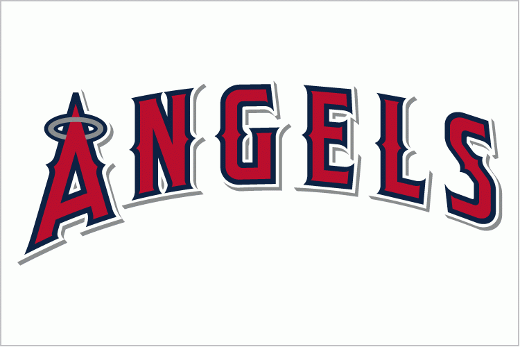 Anaheim Angels Jersey Logo (2002-2004) - (Home) Angels in red with multicolored outline and shadow SportsLogos.Net