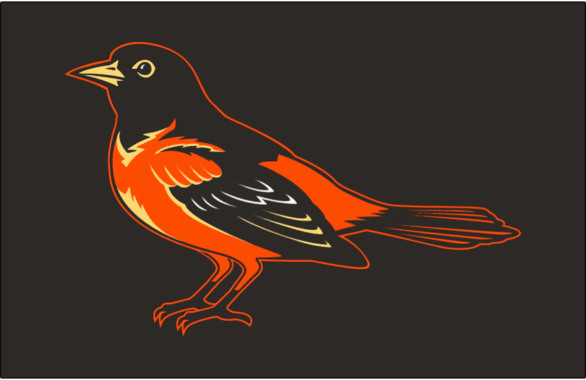 Baltimore Orioles Cap Logo (1999-2008) - A lifelike oriole in black, orange, white, and yellow. Worn on the Baltimore Orioles home and road caps from 1999 through 2008. This logo was updated slightly from the one worn in 1998, the bird is now more vertical, the orange outline is thinner, and the tail feathers have been adjusted. SportsLogos.Net