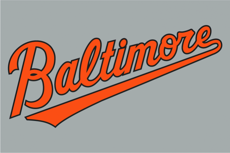 Baltimore Orioles Jersey Logo (2009-2011) - Baltimore in orange with a black outline on grey, worn on the front of the Baltimore Orioles road jersey from 2009 to 2011. Angle of the script reduced for 2012. SportsLogos.Net