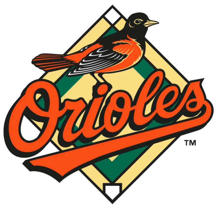 Baltimore Orioles Primary Logo (1998) - An Oriole standing on Orioles scripted in black and orange with a baseball diamond behind SportsLogos.Net
