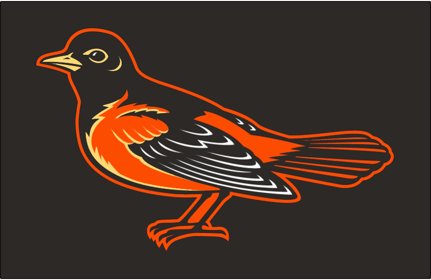 Baltimore Orioles Cap Logo (1998) - A more lifelike black and orange oriole bird facing the left on black, worn on the Baltimore Orioles caps during the 1998 season only. In 1999 this graphic was updated slightly making bird more vertical with smaller tail feathers and a thinner orange outline around it all. SportsLogos.Net