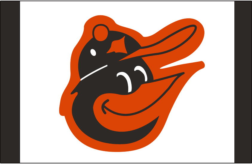 Baltimore Orioles Cap Logo (1975-1977) - A smiling cartoon oriole bird wearing a cap on white and black cap (white front panel, black side and back panels). This oriole bird has much larger pupils than the one worn from 1966-1974. Baltimore Orioles wore this logo on the front of their home and road caps from 1975 through 1977. SportsLogos.Net