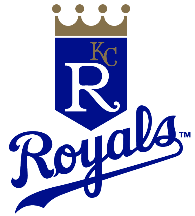Kansas City Royals Primary Logo (1993-2001) - Blue banner with a gold crown above it, a large R in white and a small KC in gold on the banner. Below is ROYALS scripted in blue SportsLogos.Net