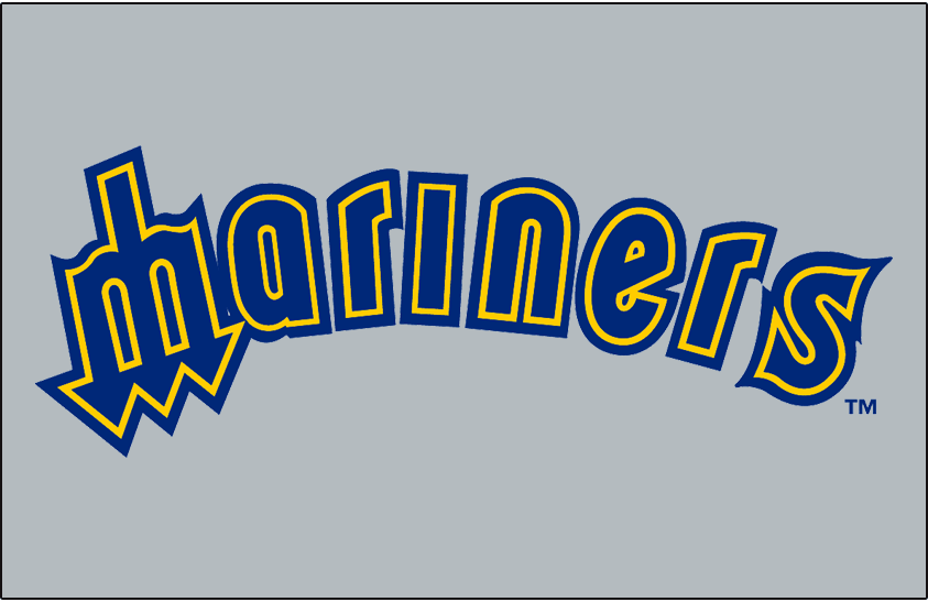 Seattle Mariners Logo Jersey Logo (1985-1986) - Mariners in blue with yellow and blue outlines arched on grey. Worn on Seattle Mariners road jerseys in 1985 and 1986 SportsLogos.Net Seattle Mariners Logo Jersey Logo (1985-1986) - Mariners in blue with yellow and blue outlines arched on grey. Worn on Seattle Mariners road jerseys in 1985 and 1986 SportsLogos.Net