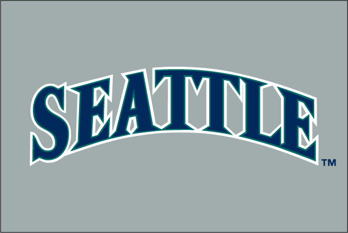 Seattle Mariners Jersey Logo (1993-2000) - Seattle arched in navy with teal and white outlines SportsLogos.Net