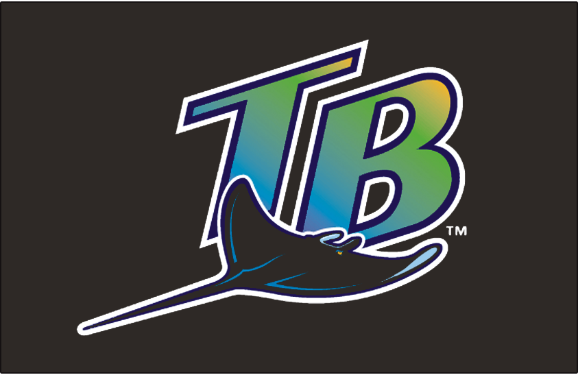 Tampa Bay Devil Rays Cap Logo (1998-2000) - A blue-to-green-to-yellow gradient inside a diagonal TB with a devil ray swimming below it. Worn on the Tampa Bay Devil Rays home and road caps for their first three seasons, beginning in 1998 and continuing until the end of the 2000 season SportsLogos.Net