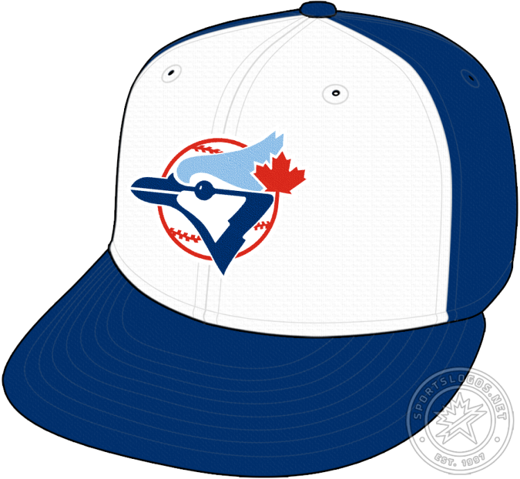 Toronto Blue Jays Cap Cap (1977-1988) - The original Toronto Blue Jays cap featured their familiar double-blue Blue Jay bird head logo on a red and white baseball with stitching and a red maple leaf. This logo was worn on the front white panel of an otherwise all-blue cap. For their first dozen seasons, the Blue Jays caps (and caps only) featured a lighter blue on the top part of the bird's head; everything else associated with the team used a turquoise colour for this portion of the logo. This was changed following the 1988 season. SportsLogos.Net