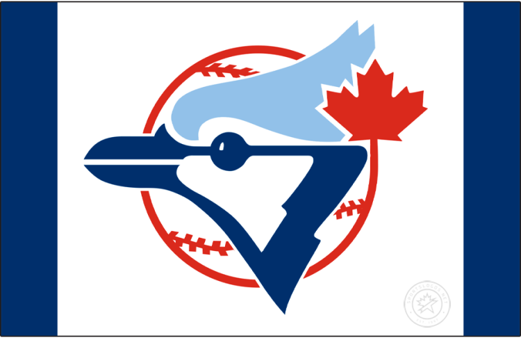 Toronto Blue Jays Logo Cap Logo (1977-1988) - The original Toronto Blue Jays cap logo featured their familiar double-blue Blue Jay bird head logo on a red and white baseball with stitching and a red maple leaf. This logo was worn on the front white panel of an otherwise all-blue cap. For their first dozen seasons, the Blue Jays caps (and caps only) featured a lighter blue on the top part of the bird's head; everything else associated with the team used a turquoise colour for this portion of the logo. This was changed following the 1988 season. SportsLogos.Net