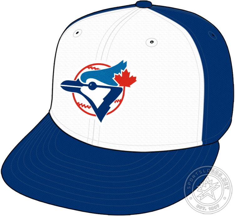 Toronto Blue Jays Cap Cap (1989-1993) - The Toronto Blue Jays' home cap, worn from 1989 to 1993, featured their familiar double-blue Blue Jay bird head logo on a red and white baseball with stitching and a red maple leaf. This logo was worn on the front white panel of an otherwise all-blue cap. This cap features a slightly different shade of blue on the top part of the bird from what was worn from 1977 to 1988. In 1993, the Blue Jays stopped wearing this cap altogether at the All-Star break, after an extended losing streak. SportsLogos.Net