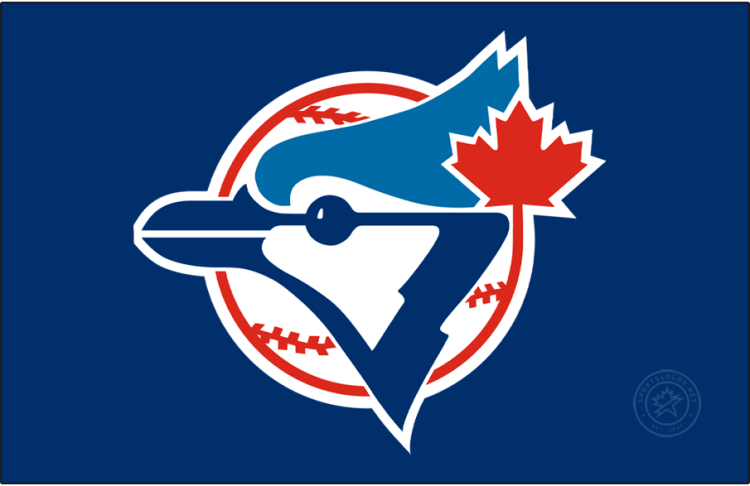 Toronto Blue Jays Logo Cap Logo (1989-1996) - A Blue Jay head on a red and white baseball with a red maple leaf on blue SportsLogos.Net