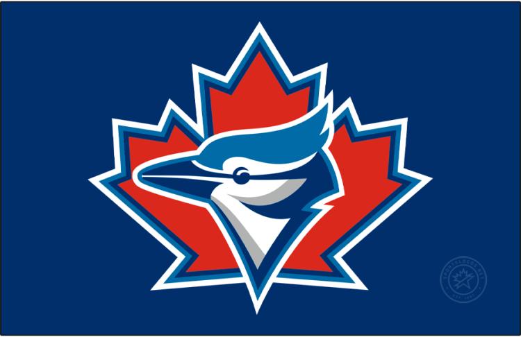 Toronto Blue Jays Logo Cap Logo (1997-2002) - A Blue Jay head on a red maple leaf with blue and white outlines on blue SportsLogos.Net