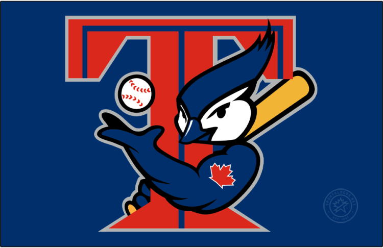 Toronto Blue Jays Logo Cap Logo (2001-2003) - The T-Bird Logo. A Blue Jay holding a bat and tossing a ball behind red and blue T with a silver outline on blue SportsLogos.Net
