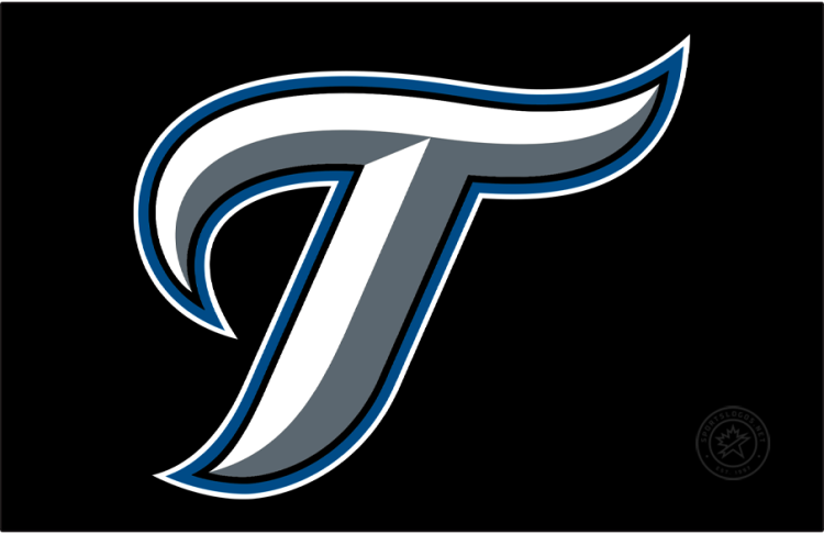 Toronto Blue Jays Logo Cap Logo (2007-2011) - A stylized T in white with graphite beveling and black, blue and white outlines on black SportsLogos.Net
