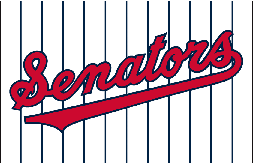Washington Senators Jersey Logo (1963-1968) - Senators scripted in red with blue trim, arched on a white jersey with blue pinstripes. Worn on Senators home jersey from 1963 through 1968 SportsLogos.Net