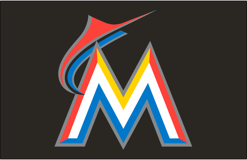 Miami Marlins Cap Logo (2012-2018) - An orange and blue marlin leaping over a white, orange, yellow and blue M with a silver outline on black SportsLogos.Net