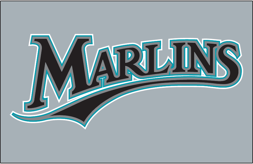 Florida Marlins Jersey Logo (2010-2011) - Marlins in black with silver, teal and white outlines on grey, worn on Florida Marlins road jersey in 2010 and 2011 SportsLogos.Net