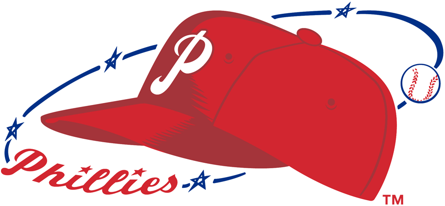 Philadelphia Phillies Primary Logo (1950-1969) - Phillies cap over scripted surrounded by stars and baseball SportsLogos.Net