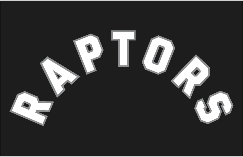 Toronto Raptors Jersey Logo (2015/16-Pres) - RAPTORS arched in white with silver trim on black, worn on Toronto Raptors alternate jersey starting in 2015-16 season SportsLogos.Net