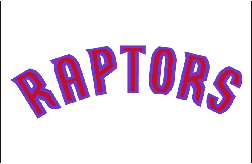 Toronto Raptors Logo Jersey Logo (1999/00-2005/06) - Raptors in red outlined in purple, worn on Toronto Raptors home jersey SportsLogos.Net Toronto Raptors Logo Jersey Logo (1999/00-2005/06) - Raptors in red outlined in purple, worn on Toronto Raptors home jersey SportsLogos.Net