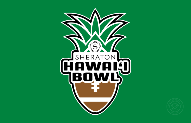 Hawaii Bowl Logo Primary Dark Logo (2025-Pres) - Sheraton Hawai`i Bowl logo with the corporate logo above Hawai`i Bowl text in black in front of a mixed pineapple football design with black & white outlines on green background. The event was previously known as the Sheraton Hawai‘i Bowl from 2003-13 being sponsored by Sheraton Hotels & Resorts. SportsLogos.Net