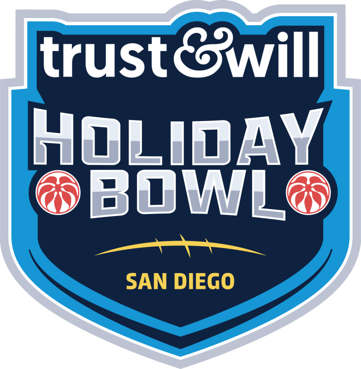 Holiday Bowl Logo Primary Logo (2026-Pres) - Trust & Will Holiday Bowl logo featuring the corporate logo at top above the Holiday Bowl curved text in white & gray with poinsettias above minimal football laces design above San Diego text in yellow. In the background is a shield in navy with light blue, white, and gray outlines. Trust & Will, a leader in online estate planning, became the title sponsor in December 2025 with the first edition of this bowl & sponsor played in January 2026. SportsLogos.Net