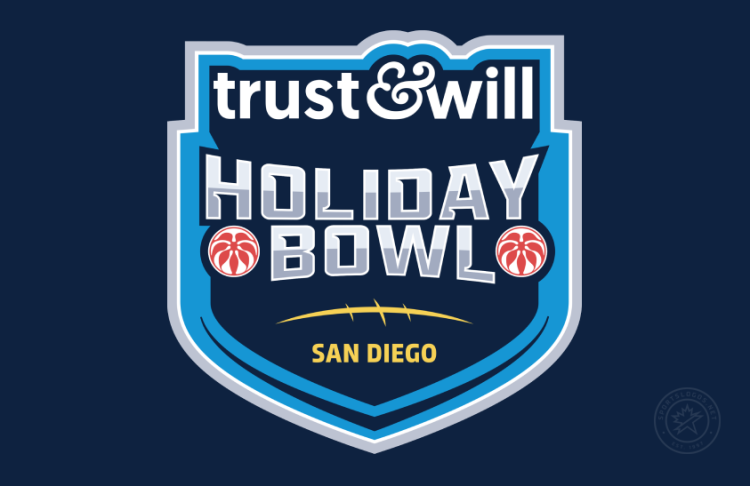 Holiday Bowl Logo Primary Dark Logo (2026-Pres) - Trust & Will Holiday Bowl logo featuring the corporate logo at top above the Holiday Bowl curved text in white & gray with poinsettias above minimal football laces design above San Diego text in yellow. In the background is a shield in navy with light blue, white, and gray outlines shown on navy background. Trust & Will, a leader in online estate planning, became the title sponsor in December 2025 with the first edition of this bowl & sponsor played in January 2026. SportsLogos.Net