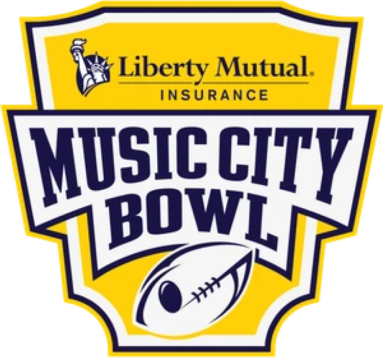 Music City Bowl Logo Primary Logo (2025-Pres) - Liberty Mutual Music City Bowl logo featuring the corporate logo above the repeated-use Music City Bowl text and football with music note design. In the background is a yellow shield with white, navy, and yellow outlines. Liberty Mutual Insurance became the new title sponsor in October 2025. SportsLogos.Net