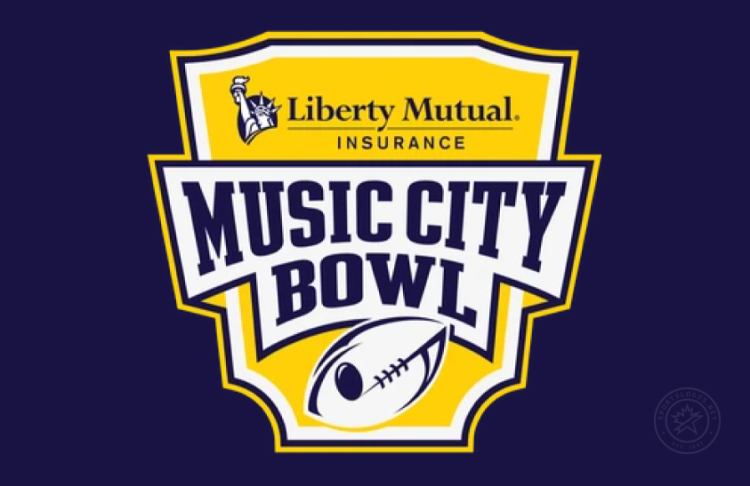Music City Bowl Logo Primary Dark Logo (2025-Pres) - Liberty Mutual Music City Bowl logo featuring the corporate logo above the repeated-use Music City Bowl text and football with music note design. In the background is a yellow shield with white, navy, and yellow outlines shown on navy background. Liberty Mutual Insurance became the new title sponsor in October 2025. SportsLogos.Net