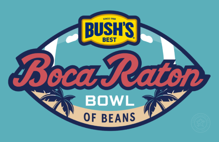 Boca Raton Bowl Logo Primary Dark Logo (2025-Pres) - Bush`s Boca Raton Bowl of Beans bowl logo featuring the same logo template used for previous years with the corporate logo at the top shown on light blue background. Bush`s Beans as the new title sponsor for the Boca Raton Bowl in November 2025. SportsLogos.Net
