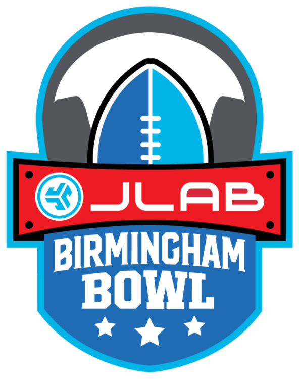 Birmingham Bowl Logo Primary Logo (2025-Pres) - JLAB Birmingham Bowl logo featuring headphones above the football design and the corporate logo across the middle. JLab, a personal technology and audio brand known wireless earbuds and headphones, became the title sponsor in September 2025. SportsLogos.Net