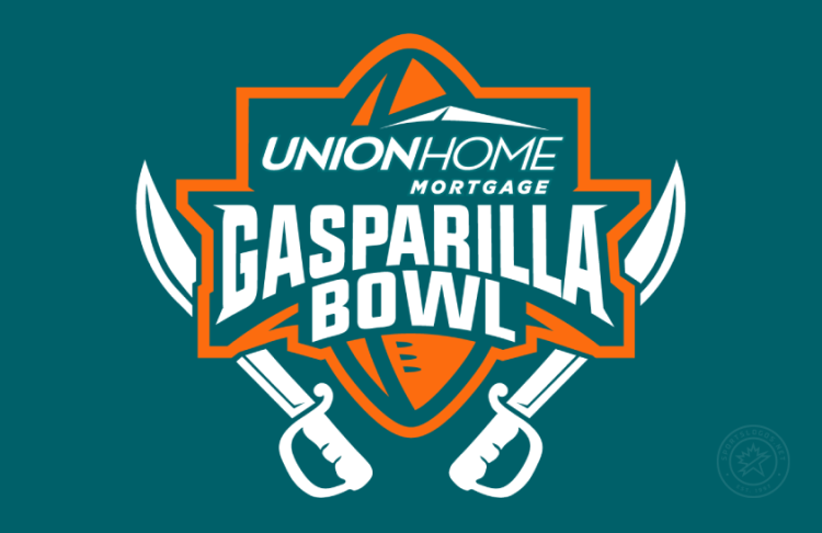 Gasparilla Bowl Logo Primary Dark Logo (2020-2023) - Union Home Mortgage Gasparilla Bowl logo on dark background. The sabers changed from gray to white. SportsLogos.Net