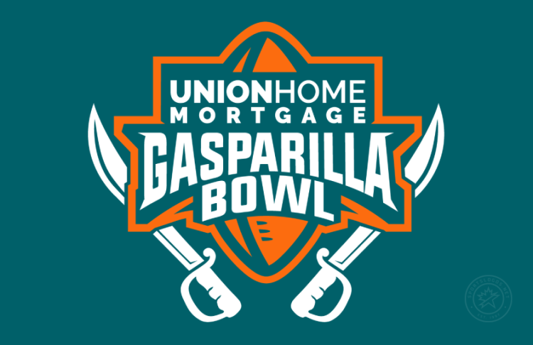Gasparilla Bowl Logo Primary Dark Logo (2024-Pres) - Union Home Mortgage Gasparilla Bowl logo shown on dark background with updated corporate logo at the top. The sabers changed from gray to white. SportsLogos.Net