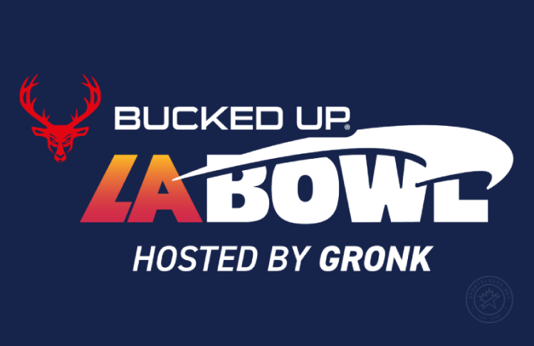 LA Bowl Logo Alt on Dark Logo (2025-Pres) - Bucked Up LA Bowl Hosted By Gronk horizontal logo featuring the corporate logo in red & white above the gradient sunset LA Bowl design above Hosted by Gronk text in white on navy background. Bucked Up, a sports nutrition and lifestyle brand became the title sponsor for LA Bowl in September 2025. SportsLogos.Net