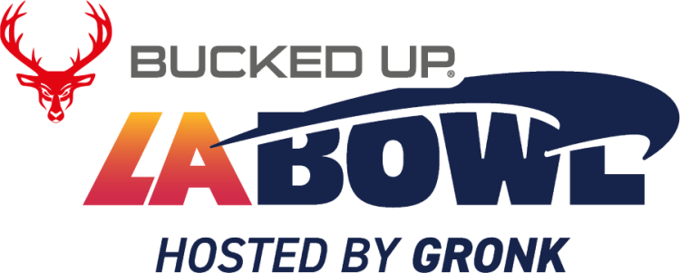 LA Bowl Logo Alternate Logo (2025-Pres) - Bucked Up LA Bowl Hosted By Gronk horizontal logo featuring the corporate logo in red & gray above the gradient sunset LA Bowl design above Hosted by Gronk text in navy. Bucked Up, a sports nutrition and lifestyle brand became the title sponsor for LA Bowl in September 2025. SportsLogos.Net