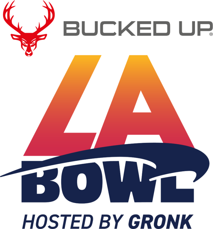 LA Bowl Logo Primary Logo (2025-Pres) - Bucked Up LA Bowl Hosted By Gronk stacked logo featuring the corporate logo in red & gray above the gradient sunset LA Bowl design above Hosted by Gronk text in navy. Bucked Up, a sports nutrition and lifestyle brand became the title sponsor for LA Bowl in September 2025. SportsLogos.Net