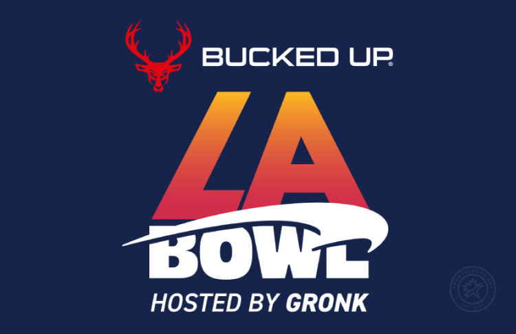 LA Bowl Logo Primary Dark Logo (2025-Pres) - Bucked Up LA Bowl Hosted By Gronk stacked logo featuring the corporate logo in red & white above the gradient sunset LA Bowl design above Hosted by Gronk text in white on navy background. Bucked Up, a sports nutrition and lifestyle brand became the title sponsor for LA Bowl in September 2025. SportsLogos.Net