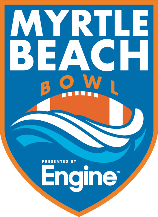 Myrtle Beach Bowl Logo Primary Logo (2025-Pres) - Myrtle Beach Bowl presented by Engine logo featuring bold stacked Myrtle Beach text in white above arched Bowl text in orange above a sideways football half covered in white & light blue waves inside a blue shield with orange outline. At the bottom is the Presented By text and Engine corporate logo in white. Engine, a modern business and group travel platform, became the presenting sponsor in November 2025. SportsLogos.Net