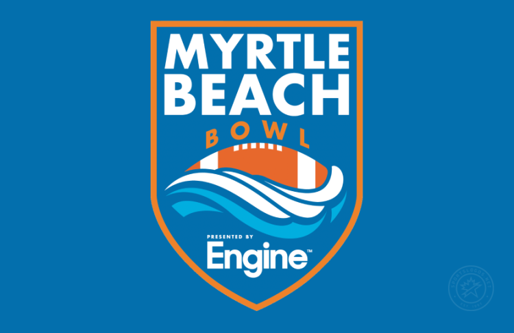 Myrtle Beach Bowl Logo Primary Dark Logo (2025-Pres) - Myrtle Beach Bowl presented by Engine logo featuring bold stacked Myrtle Beach text in white above arched Bowl text in orange above a sideways football half covered in white & light blue waves inside a blue shield with orange outline shown on blue background. At the bottom is the Presented By text and Engine corporate logo in white. Engine, a modern business and group travel platform, became the presenting sponsor in November 2025. SportsLogos.Net