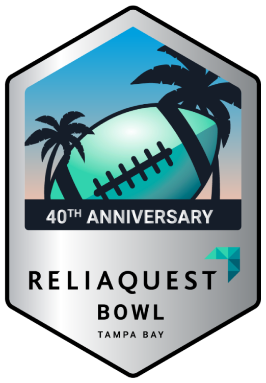 ReliaQuest Bowl Logo Primary Logo (2025) - 40th Anniversary ReliaQuest Bowl logo featuring a tilted football with palm trees & a sunset above the ReliaQuest company logo and Tampa Bay text within a hexagon with silver (instead of blue) tones. SportsLogos.Net