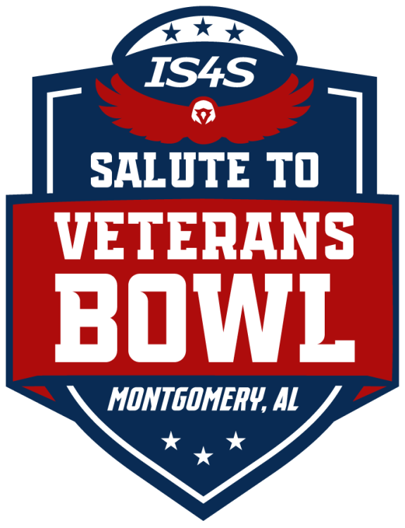 Salute to Veterans Bowl Logo Primary Logo (2024-Pres) - The Camellia Bowl became the Salute to Veterans Bowl in October 2024 with Integrated Solutions for Systems (IS4S) as its corporate sponsor beginning with the 2024 bowl season hence known as the IS4S Salute to Veterans Bowl. The logo features three stars in navy above IS4S letters in white in a football shape above a red eagle with wings spanned above stacked serif text of Salute to Veterans Bowl with notches and a red banner above the location of Montgomery, AL in white above three more stars in shield, all on a navy shield.  SportsLogos.Net