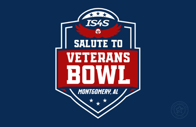 Salute to Veterans Bowl Logo Primary Dark Logo (2024-Pres) - The Camellia Bowl became the Salute to Veterans Bowl in October 2024 with Integrated Solutions for Systems (IS4S) as its corporate sponsor beginning with the 2024 bowl season hence known as the IS4S Salute to Veterans Bowl. The logo features three stars in navy above IS4S letters in white in a football shape above a red eagle with wings spanned above stacked serif text of Salute to Veterans Bowl with notches and a red banner above the location of Montgomery, AL in white above three more stars in shield, all on a navy shield.  SportsLogos.Net