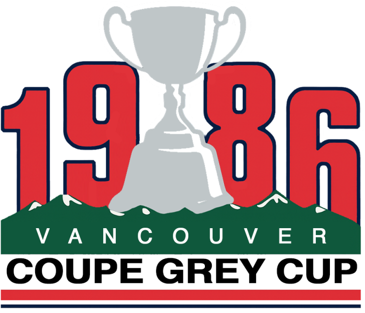  Grey Cup Logo Primary Logo (1986) - The 74th Grey Cup logo features a depiction of the Grey Cup in silver with white highlights behind a green and white mountain range with the year 