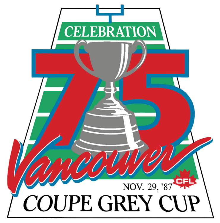  Grey Cup Logo Primary Logo (1987) - The 75th Grey Cup logo features a depiction of the Grey Cup placed upon a green and white football field with a large 75 in red and blue behind it, a scripted 