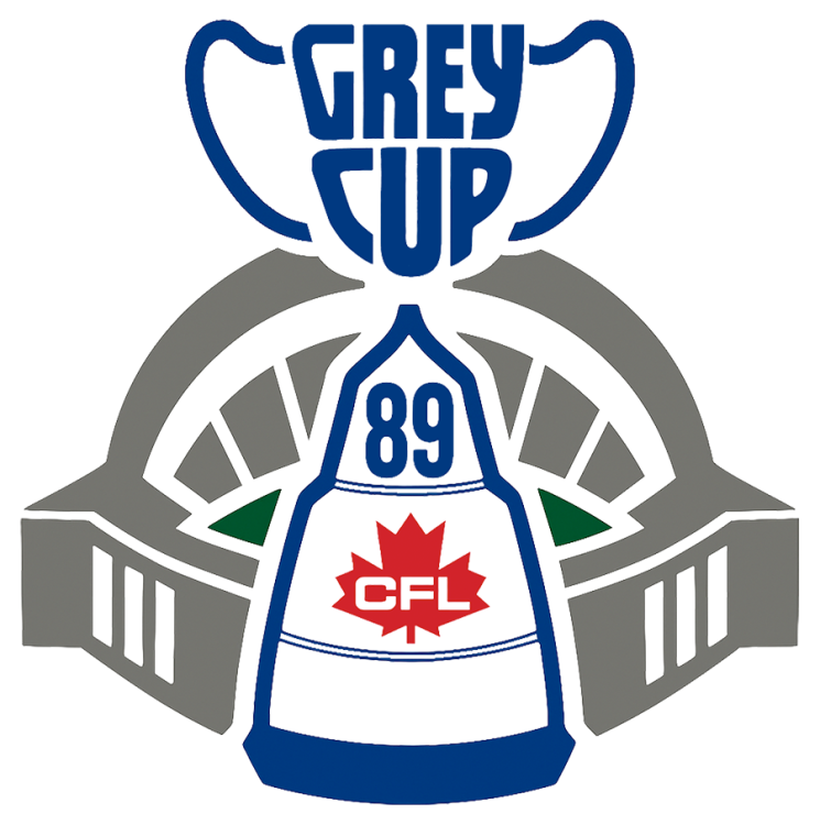  Grey Cup Logo Primary Logo (1989) - The 77th Grey Cup logo features a depiction of the Grey Cup in white and blue with a 